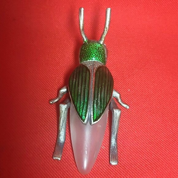 Decorative Scarab Beetle Metallic Silver Colored Body Green Textured Back - Picture 4 of 10